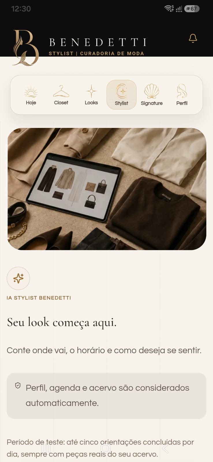 Tela da inteligência artificial Stylist Benedetti