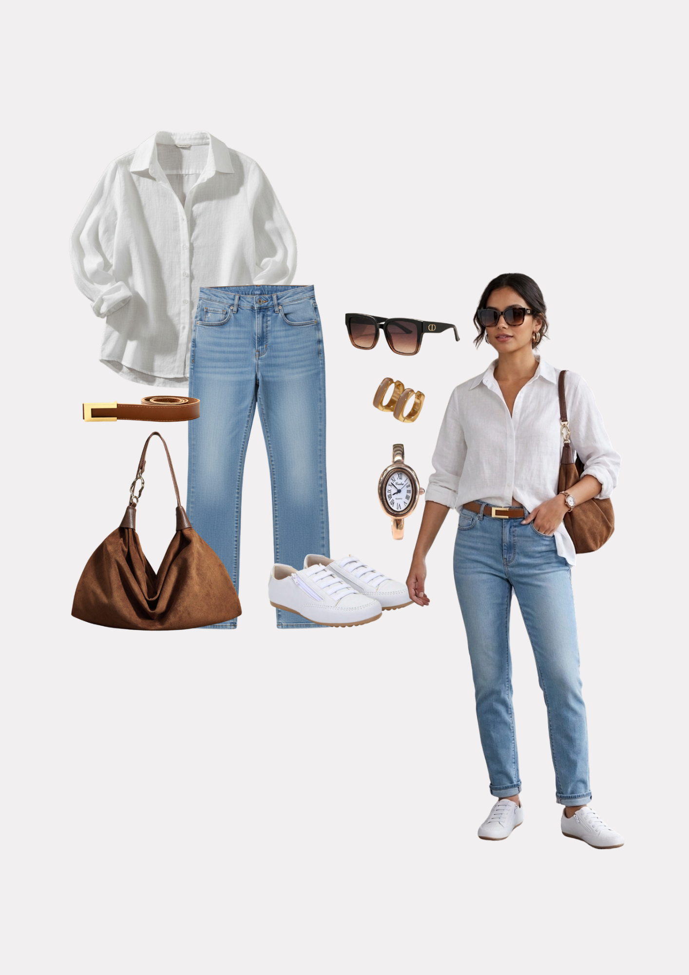 Look casual com camisa branca, jeans e tênis